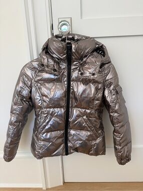 S13 Metallic Taupe Puffer Jacket Hooded Down Feather Coat Girls Size 10